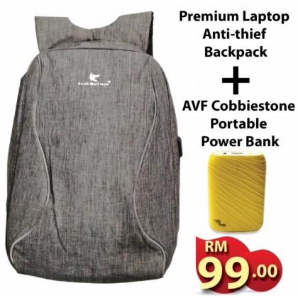 Premium Laptop Anti-thief Backpack With External Charging USB Port - Grey + AVF Cobbiestone Portable Power Bank with 10400 mAH - Yellow PowerBank Premium Laptop Anti-thief Backpack With External Charging USB Port - Grey + AVF Cobbiestone Portable Power Bank with 10400 mAH - Yellow PowerBank